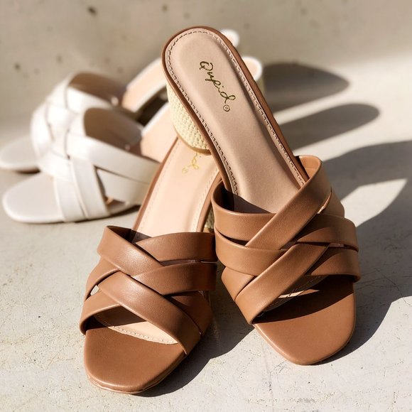 NEW Multi Crisscross Straps Natural Raffia Oval Block Heel Slip On Slide Sandals - Picture 11 of 14